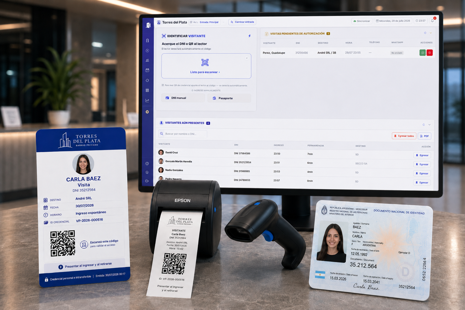 Pack de hardware y software de Visitapro: monitor con el dashboard, impresora térmica y lector de DNI